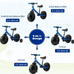 4 in 1 Kinder Laufrad & Balance Bike mit verstellbarem Lenker und Stützrädern für 2-6-jährige Kinder Blau