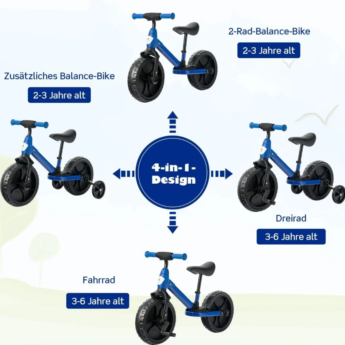 4 in 1 Kinder Laufrad & Balance Bike mit verstellbarem Lenker und Stützrädern für 2-6-jährige Kinder Blau