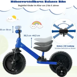 4 in 1 Kinder Laufrad & Balance Bike mit verstellbarem Lenker und Stützrädern für 2-6-jährige Kinder Blau