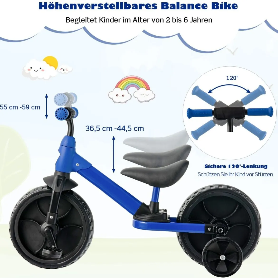4 in 1 Kinder Laufrad & Balance Bike mit verstellbarem Lenker und Stützrädern für 2-6-jährige Kinder Blau
