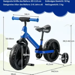 4 in 1 Kinder Laufrad & Balance Bike mit verstellbarem Lenker und Stützrädern für 2-6-jährige Kinder Blau