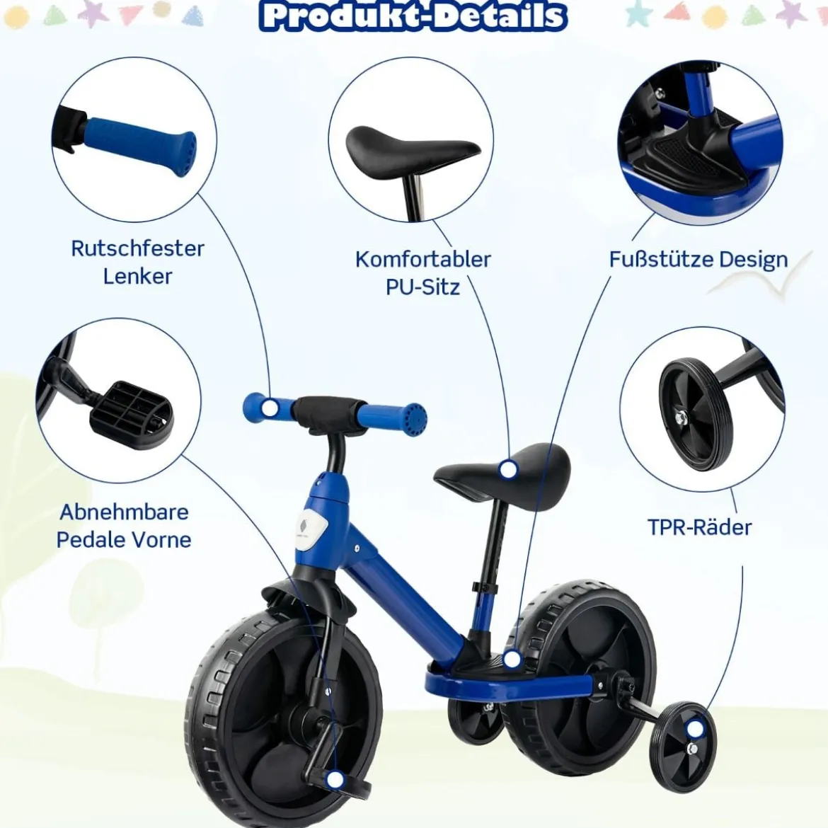 4 in 1 Kinder Laufrad & Balance Bike mit verstellbarem Lenker und Stützrädern für 2-6-jährige Kinder Blau