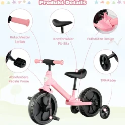 4 in 1 Kinder Laufrad & Balance Bike mit verstellbarem Lenker und Stützrädern für 2-6-jährige Kinder Rosa