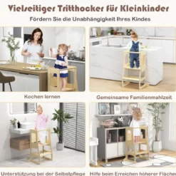 3 in 1 Kinder Lernturm Klappbarer Tritthocker & Tafel & Kindertisch-Set ab 3 Jahre Stehturm Natur