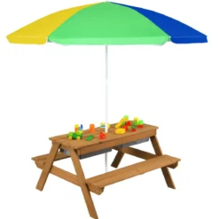 3 in 1 Kinder Picknicktisch mit Sonnenschirm & Bänke & Abnehmbarer Tischplatte