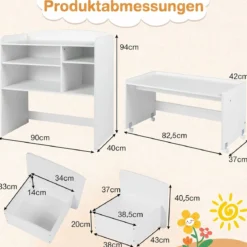 3 in 1 Kinderregal Spielzeugregal mit Schreibtisch auf Rollen & Kinderstuhl mit Rückenlehne Weiß