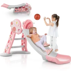 3 in 1 Kinderrutsche & Leiter & Basketballkorb Klappbares Rutschenspielset mit Pufferzone Rosa
