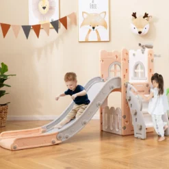 6-in-1 Kinderrutsche mit Basketballkorb & Teleskop Kinder Rutsche Rutschenset Rosa