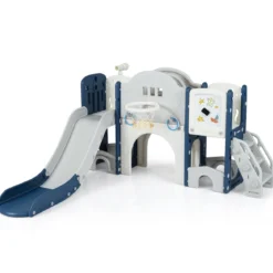 10 in 1 Kinderrutsche mit Basketballkorb & Wurfspiel & Tafel & Tunnel & Teleskop & Stauraum Blau