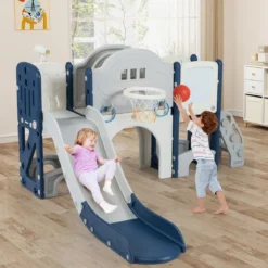10 in 1 Kinderrutsche mit Basketballkorb & Wurfspiel & Tafel & Tunnel & Teleskop & Stauraum Blau