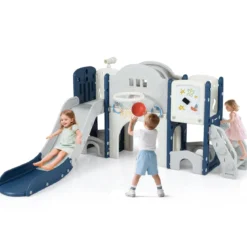 10 in 1 Kinderrutsche mit Basketballkorb & Wurfspiel & Tafel & Tunnel & Teleskop & Stauraum Blau