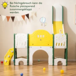 10 in 1 Kinderrutsche mit Basketballkorb & Wurfspiel & Tafel & Tunnel & Teleskop & Stauraum Gelb