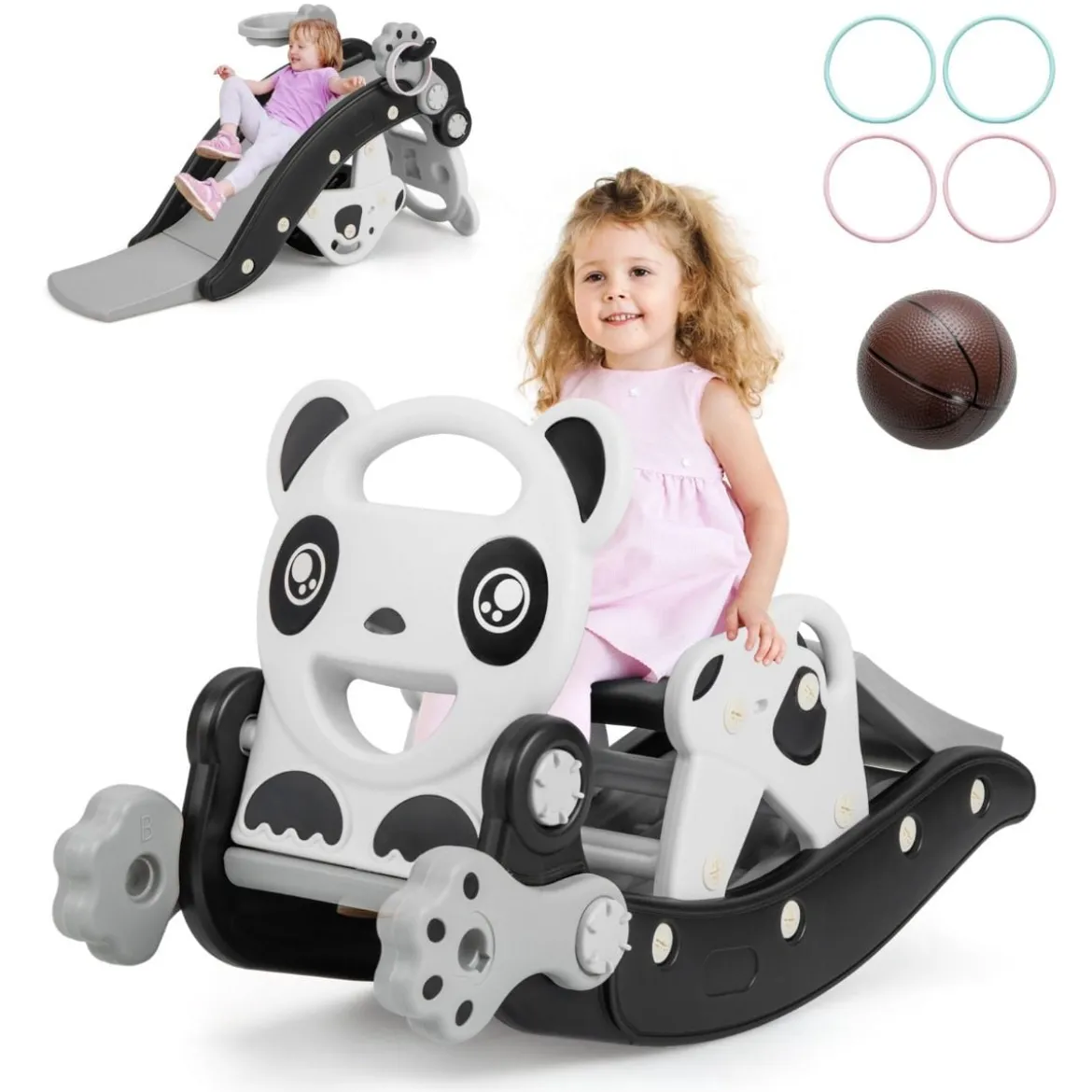 5 in 1 Kinder Rutsche Schaukelpferd Kinderrutsche mit Basketball