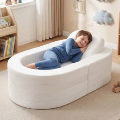 3-in-1 Kinder Schlafsofa klappbares Kinderbett mit weicher Schwammfüllung & bequemem Kissen Beige