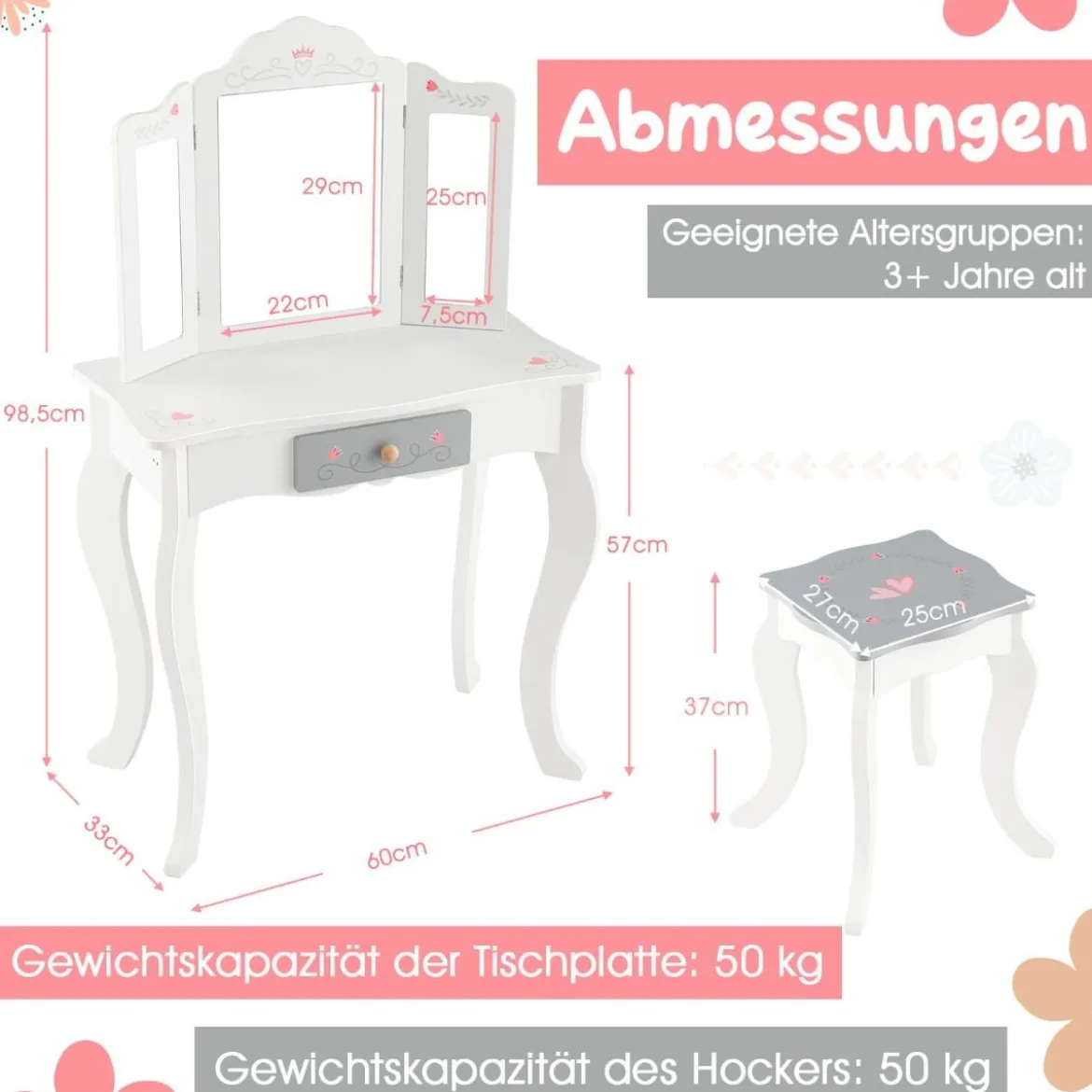 2 in 1 Kinder Schminktisch + Hocker mit Klappbarem Spiegel & Schublade & Zubehörteilen