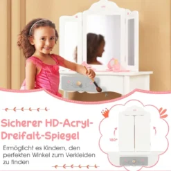 2 in 1 Kinder Schminktisch + Hocker mit Klappbarem Spiegel & Schublade & Zubehörteilen