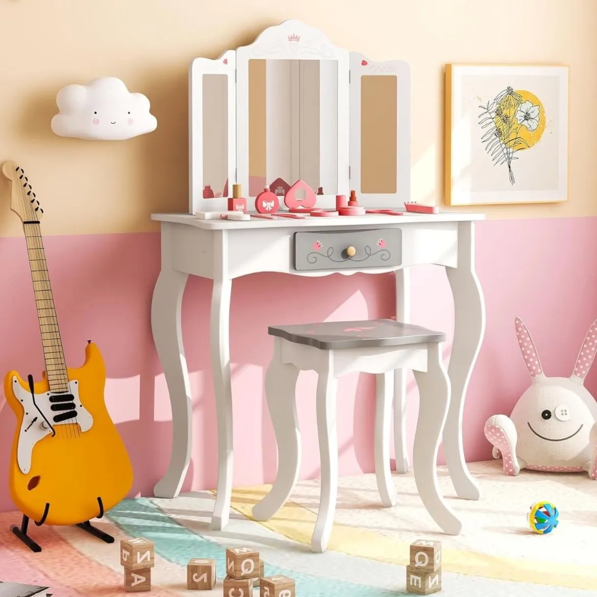 2 in 1 Kinder Schminktisch + Hocker mit Klappbarem Spiegel & Schublade & Zubehörteilen