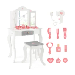 2 in 1 Kinder Schminktisch + Hocker mit Klappbarem Spiegel & Schublade & Zubehörteilen