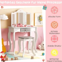 2 in 1 Kinder Schminktisch + Hocker mit Klappbarem Spiegel & Schublade & Zubehörteilen