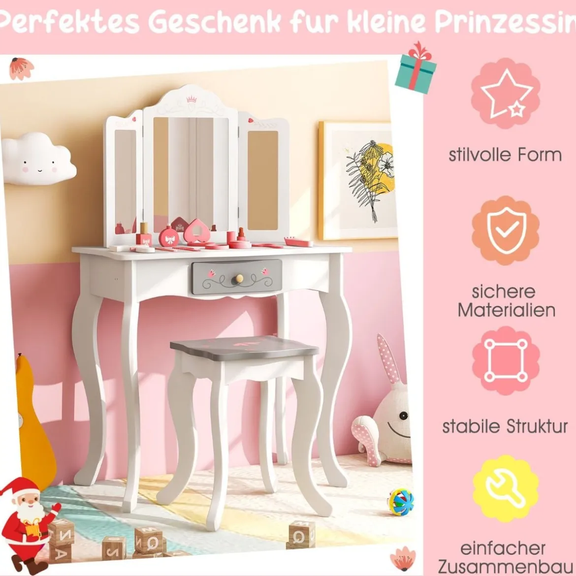 2 in 1 Kinder Schminktisch + Hocker mit Klappbarem Spiegel & Schublade & Zubehörteilen