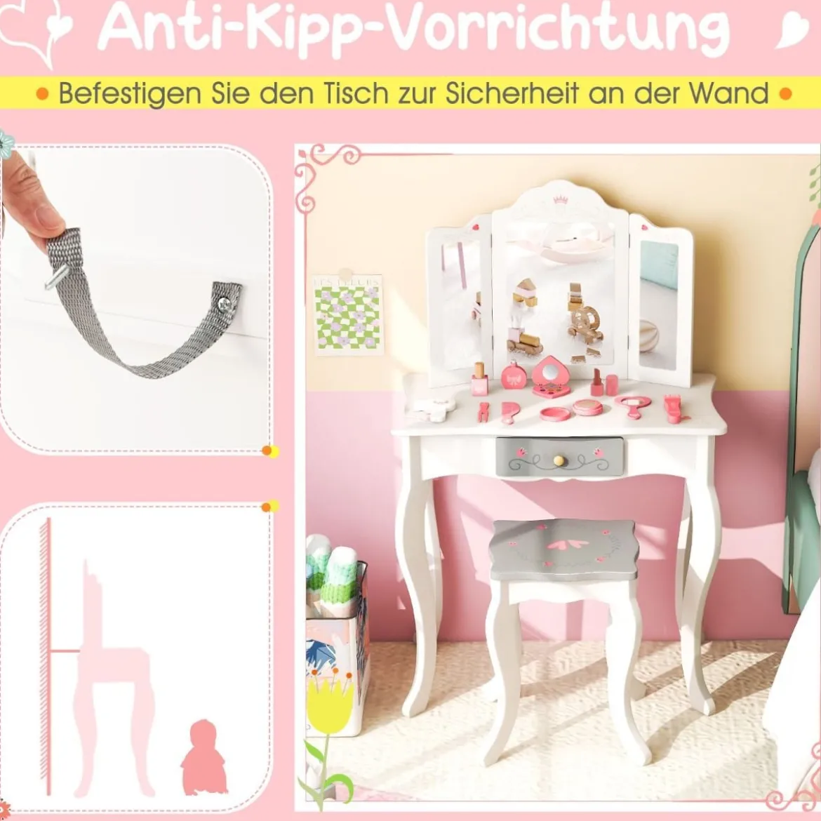 2 in 1 Kinder Schminktisch + Hocker mit Klappbarem Spiegel & Schublade & Zubehörteilen