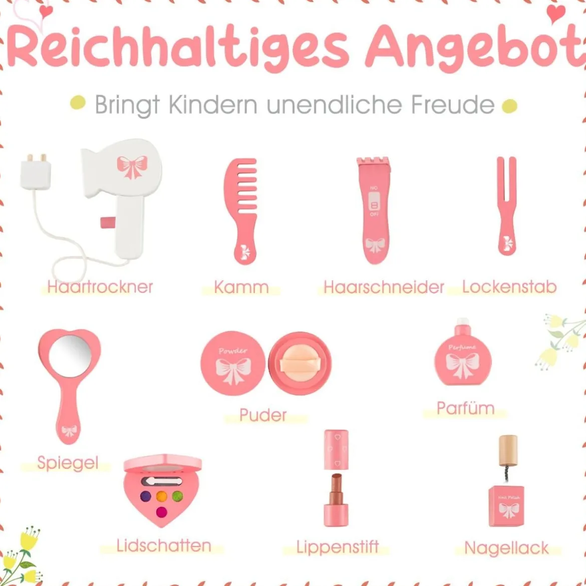 2 in 1 Kinder Schminktisch + Hocker mit Klappbarem Spiegel & Schublade & Zubehörteilen