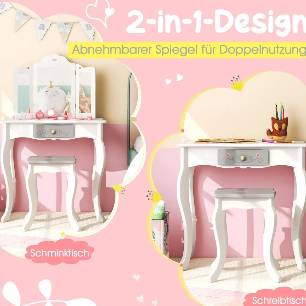 2 in 1 Kinder Schminktisch + Hocker mit Klappbarem Spiegel & Schublade & Zubehörteilen