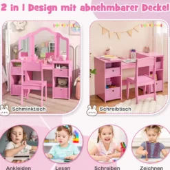 2 in 1 Kinder Schminktisch mit Abnehmbarem Spiegel & Aufbewahrungsboxen Frisiertisch