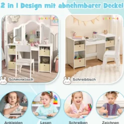 2 in 1 Kinder Schminktisch mit Abnehmbarem Spiegel & Aufbewahrungsboxen Frisiertisch