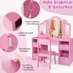 2 in 1 Kinder Schminktisch mit Abnehmbarem Spiegel & Aufbewahrungsboxen Frisiertisch