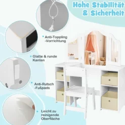 2 in 1 Kinder Schminktisch mit Abnehmbarem Spiegel & Aufbewahrungsboxen Frisiertisch