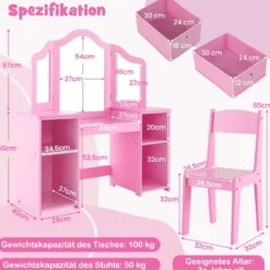 2 in 1 Kinder Schminktisch mit Abnehmbarem Spiegel & Aufbewahrungsboxen Frisiertisch