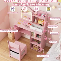 2 in 1 Kinder Schminktisch mit Beleuchtung Holz Frisiertisch mit Schubladen & Zubehör Rosa