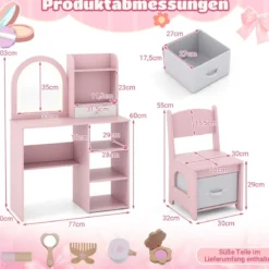 2 in 1 Kinder Schminktisch mit Beleuchtung Holz Frisiertisch mit Schubladen & Zubehör Rosa