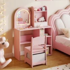 2 in 1 Kinder Schminktisch mit Beleuchtung Holz Frisiertisch mit Schubladen & Zubehör Rosa