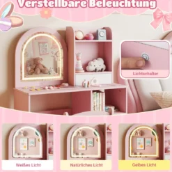 2 in 1 Kinder Schminktisch mit Beleuchtung Holz Frisiertisch mit Schubladen & Zubehör Rosa