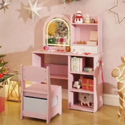 2 in 1 Kinder Schminktisch mit Beleuchtung Holz Frisiertisch mit Schubladen & Zubehör Rosa