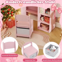 2 in 1 Kinder Schminktisch mit Beleuchtung Holz Frisiertisch mit Schubladen & Zubehör Rosa