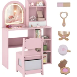 2 in 1 Kinder Schminktisch mit Beleuchtung Holz Frisiertisch mit Schubladen & Zubehör Rosa