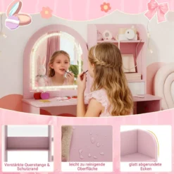 2 in 1 Kinder Schminktisch mit Beleuchtung Holz Frisiertisch mit Schubladen & Zubehör Rosa