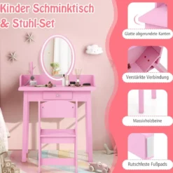 2 in 1 Kinder Schminktisch mit Hocker Frisiertisch mit Beleuchtung Rosa/Weiß