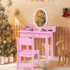2 in 1 Kinder Schminktisch mit Hocker Frisiertisch mit Beleuchtung Rosa/Weiß
