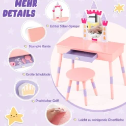 2 in 1 Kinder Schminktisch mit Hocker Schminktisch-Set aus Holz Rosa