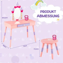2 in 1 Kinder Schminktisch mit Hocker Schminktisch-Set aus Holz Rosa