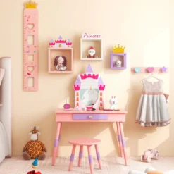2 in 1 Kinder Schminktisch mit Hocker Schminktisch-Set aus Holz Rosa