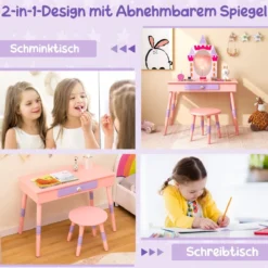 2 in 1 Kinder Schminktisch mit Hocker Schminktisch-Set aus Holz Rosa