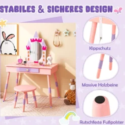 2 in 1 Kinder Schminktisch mit Hocker Schminktisch-Set aus Holz Rosa