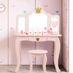 2 in 1 Kinder Schminktisch mit Hocker & Abnehmbarer Spiegel Mädchen Frisiertisch