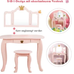 2 in 1 Kinder Schminktisch mit Hocker & Abnehmbarer Spiegel Mädchen Frisiertisch