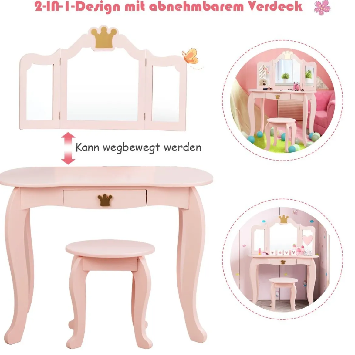 2 in 1 Kinder Schminktisch mit Hocker & Abnehmbarer Spiegel Mädchen Frisiertisch